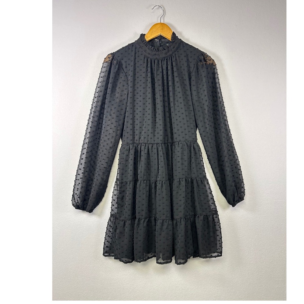 Trixxi Swiss Dot Mini Dress Women Medium Black Tiered Mock Neck‎ Long Sleeve